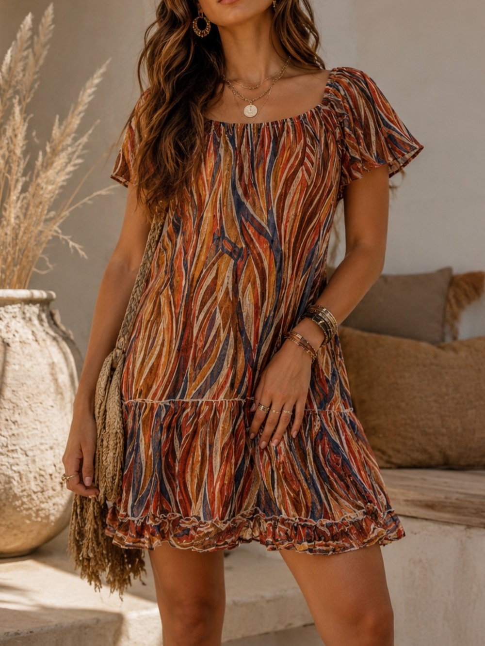 Robbie Bee Bohemian Mini Dress Earth Tone Abstract Print Flutter Sleeve S